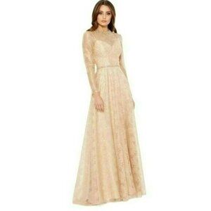 Mac Duggal $598 Sz 14 Gold Lace Gown Illusion Neck  Sequin Maxi Formal Dress